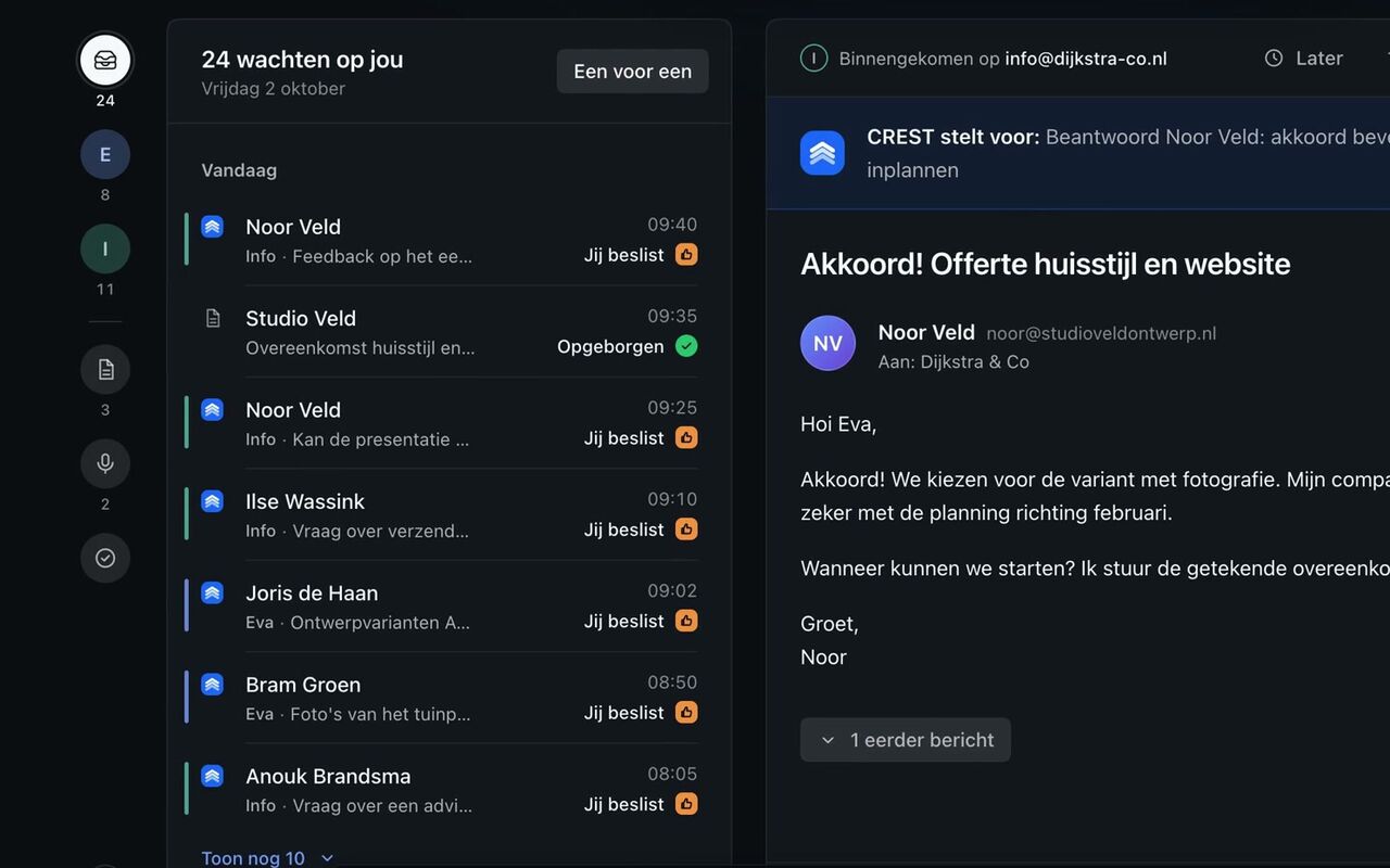 De inbox in CREST met voorgesteld antwoord (demogegevens)